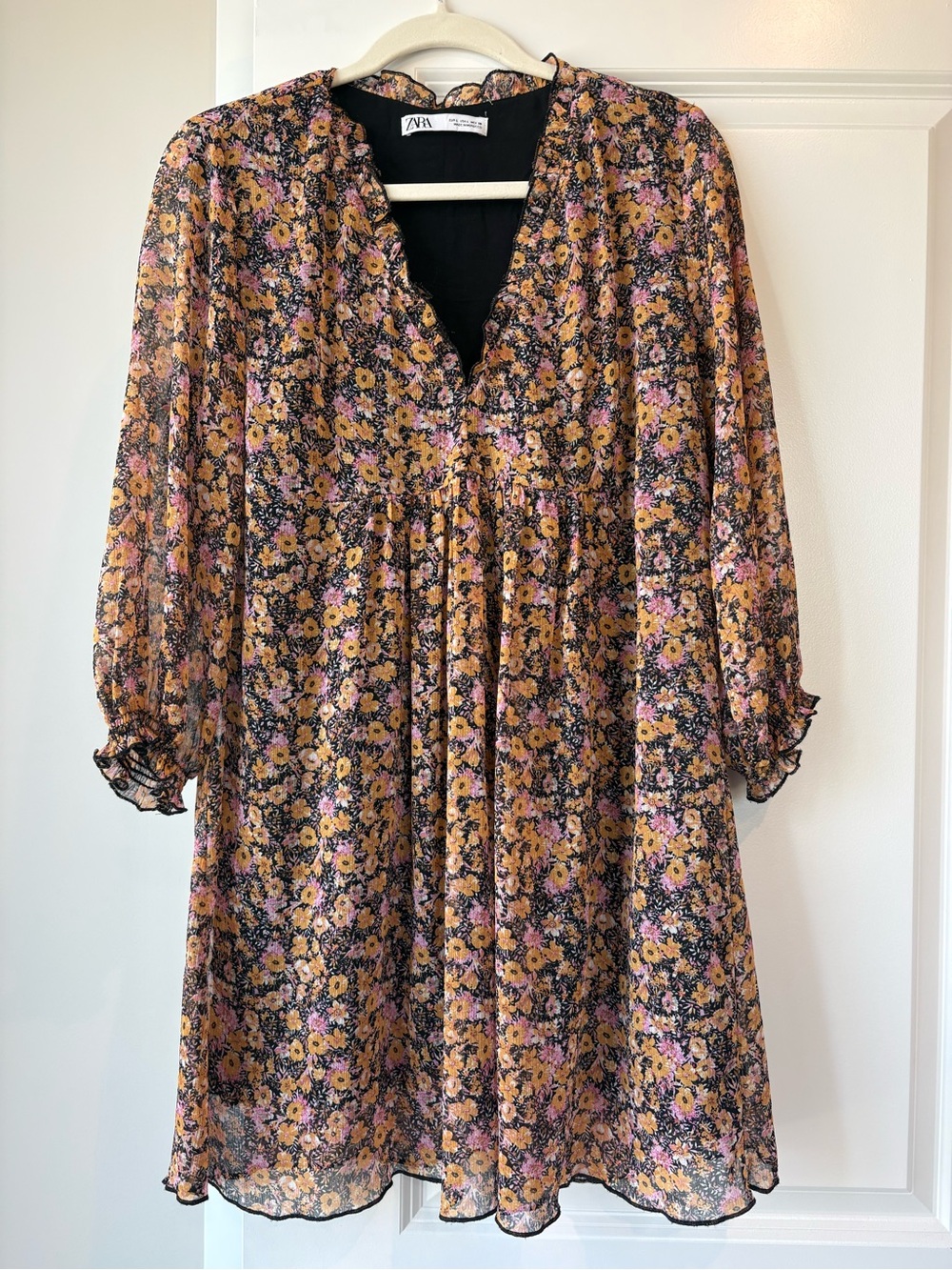 Zara Black Floral Smocked Yoke Mini Dress with Mustard & Pink Blooms